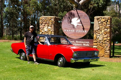 My son Gordon with my classic 1970 Ford Fairmont, outside the famous Vasse Felix Winery.