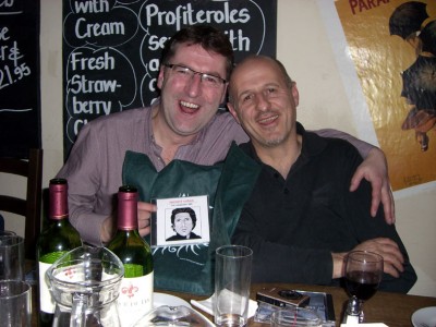 joe and henning happily flaunting an illegal leonard cohen bootleg recording along with an item of officially sanctioned bob dylan merchandising...naughty boys